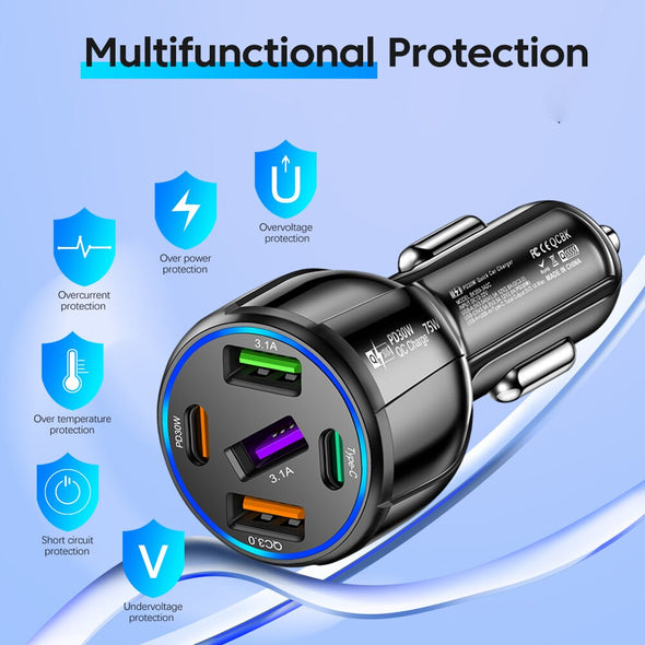 5 Ports 75W USB Car Charger 